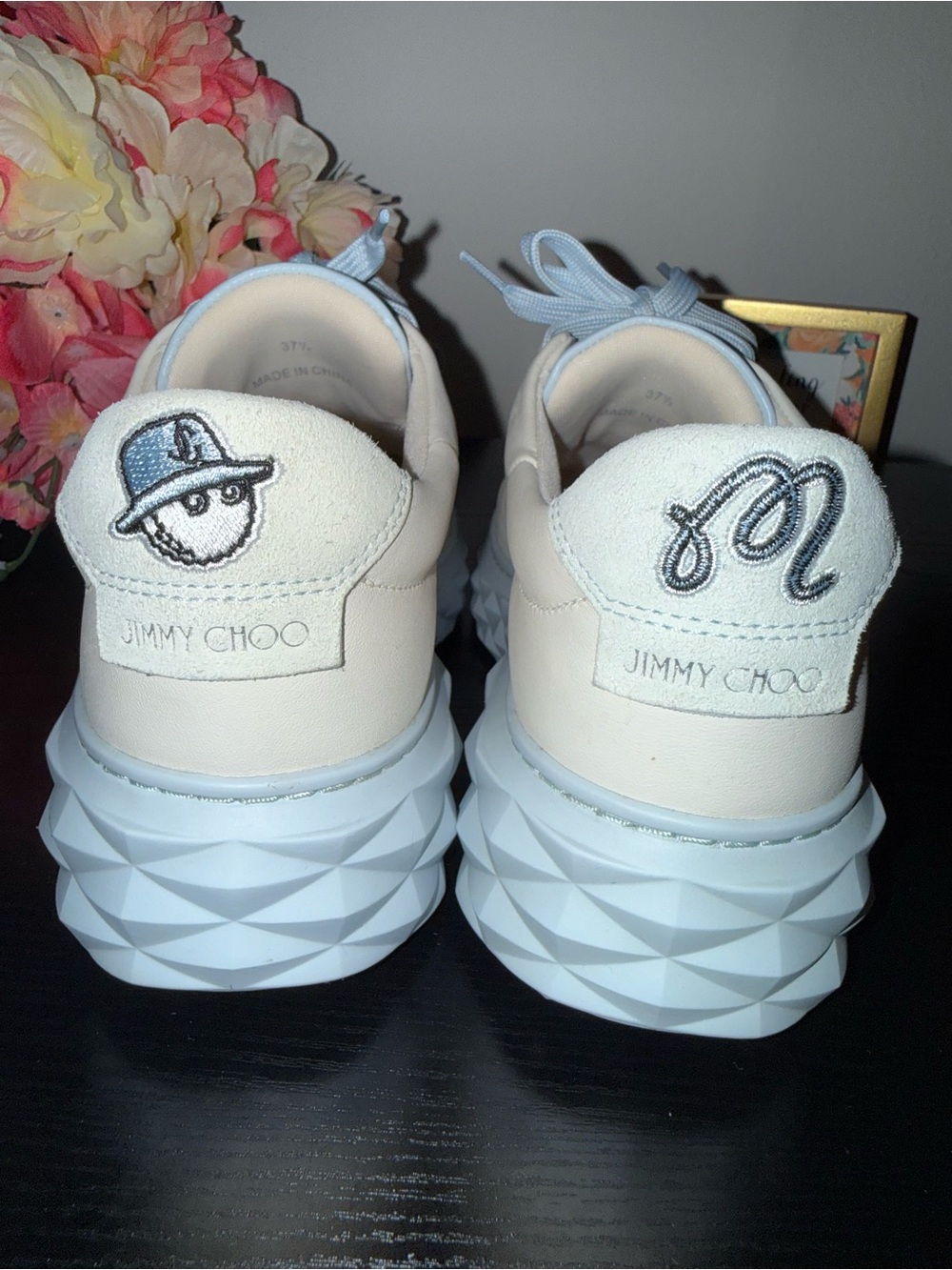 Jimmy Choo Leather Sneakers Platform Cream Blue Lace Up Size 37.5 - Picture 5 of 10